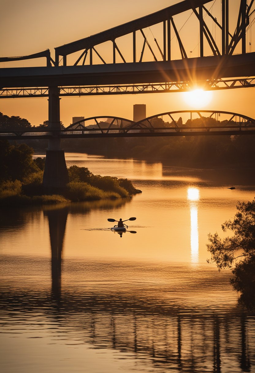 A kayak glides through the calm waters of the Brazos River, with the iconic Waco Suspension Bridge in the background. The sun sets behind the city skyline, casting a warm glow over the scene