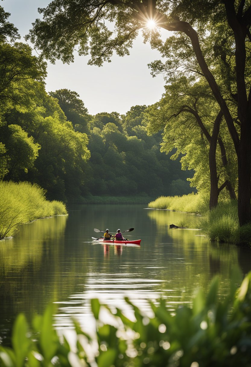 People kayaking and canoeing on the tranquil waters of Waco, with lush green trees lining the riverbanks and a clear blue sky overhead
