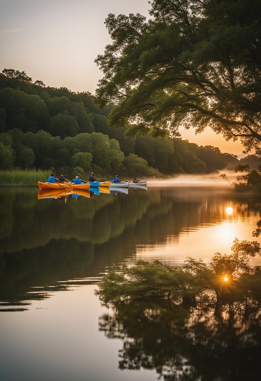 The sun sets over Waco Lake as kayaks and canoes glide across the calm water, surrounded by lush greenery and the peaceful sounds of nature