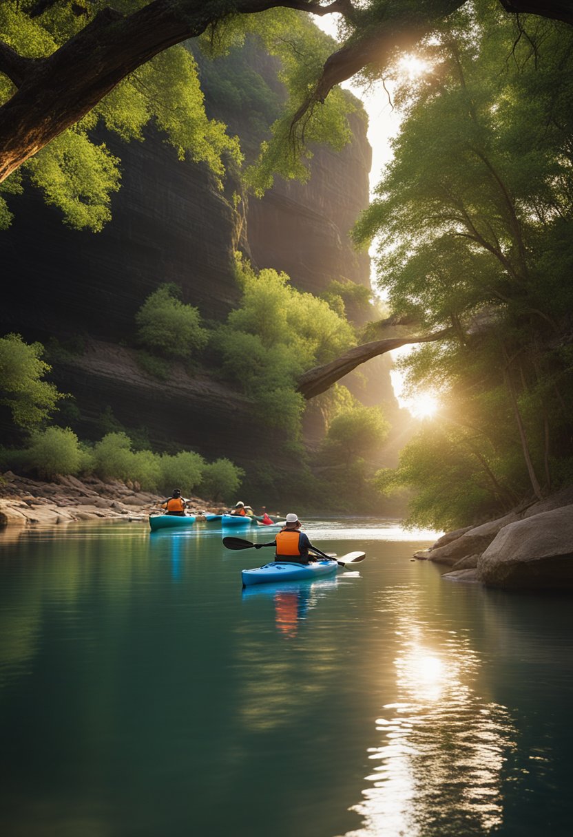Kayaks and canoes glide along the tranquil Brazos River, surrounded by lush greenery and towering cliffs. The water sparkles in the sunlight as the paddlers navigate through the serene natural beauty