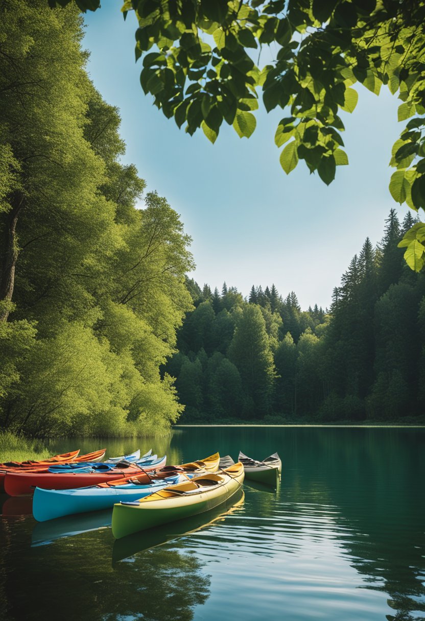 A serene lake with kayaks and canoes gliding on the water, surrounded by lush green trees and a clear blue sky