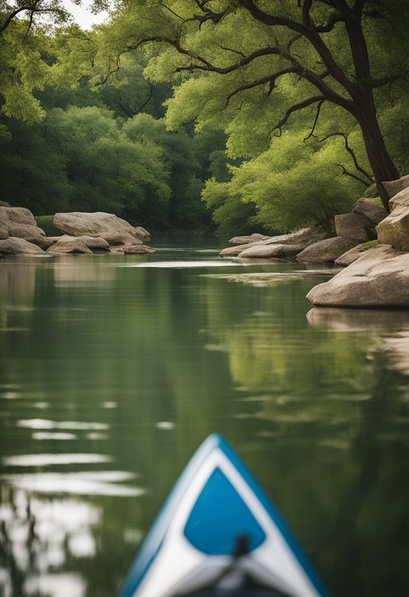 Paddling through calm waters, surrounded by lush greenery and rocky bluffs in Bosque Bluffs and Cameron Park in Waco