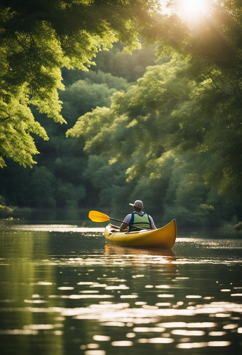 A serene river winds through lush greenery, with kayaks and canoes gliding peacefully on the water. The sun shines down, casting a warm glow on the scene
