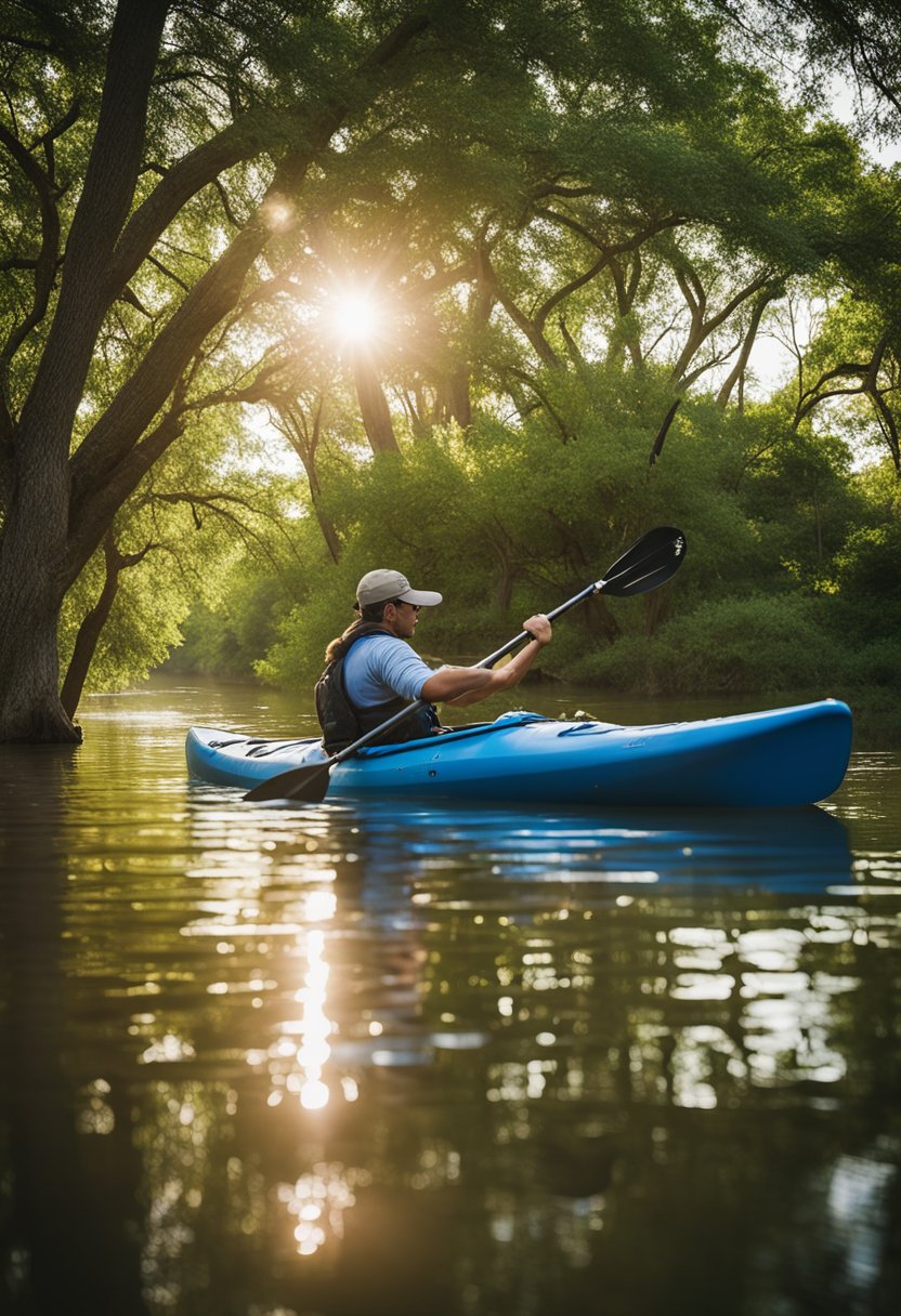 People kayaking and canoeing on the calm waters of the Brazos River in Waco, Texas. The sun is shining, and the lush greenery of the surrounding landscape creates a beautiful backdrop for the outdoor activities