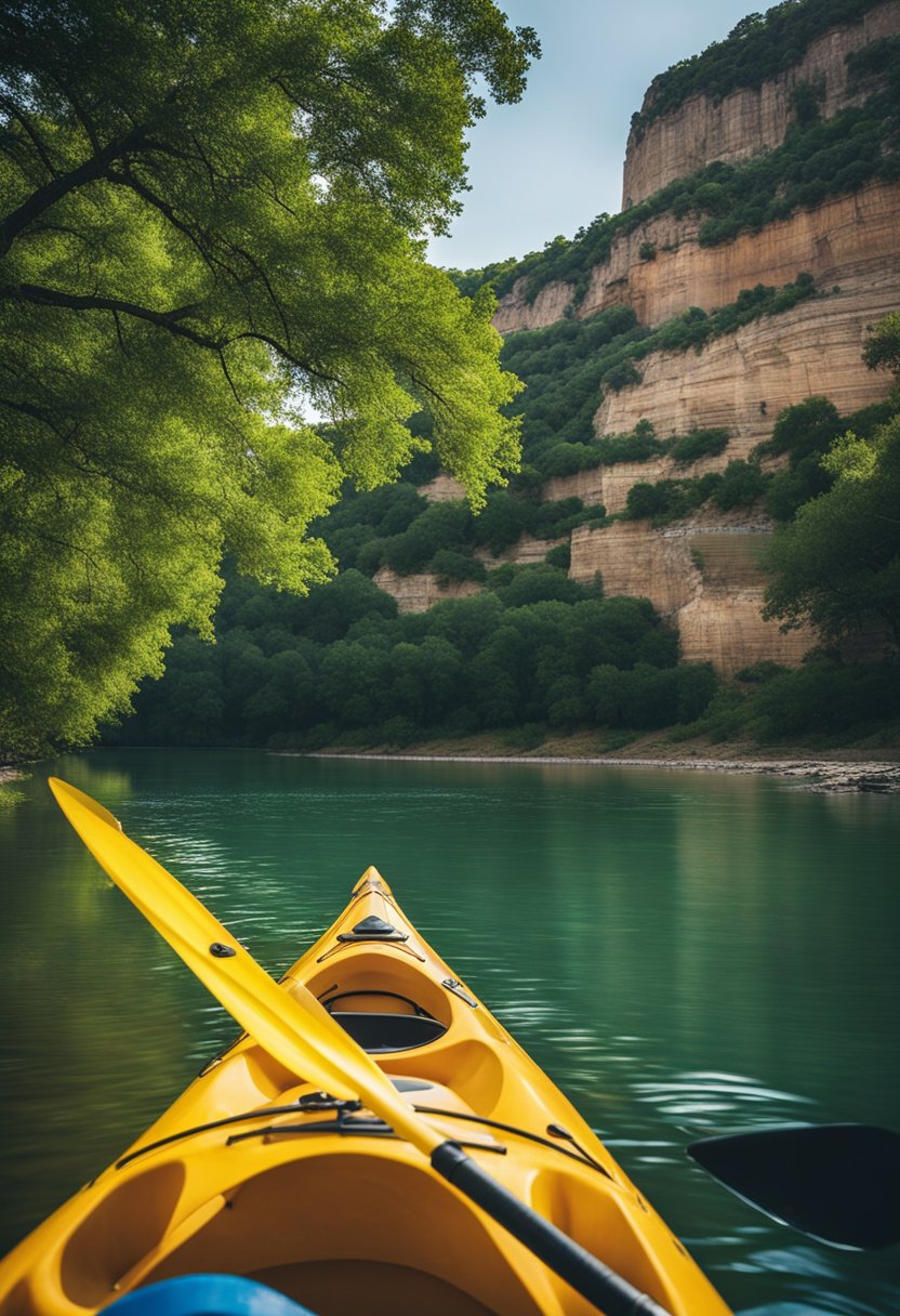Kayaks and canoes glide on the calm waters of the Brazos River in Waco, surrounded by lush greenery and towering cliffs