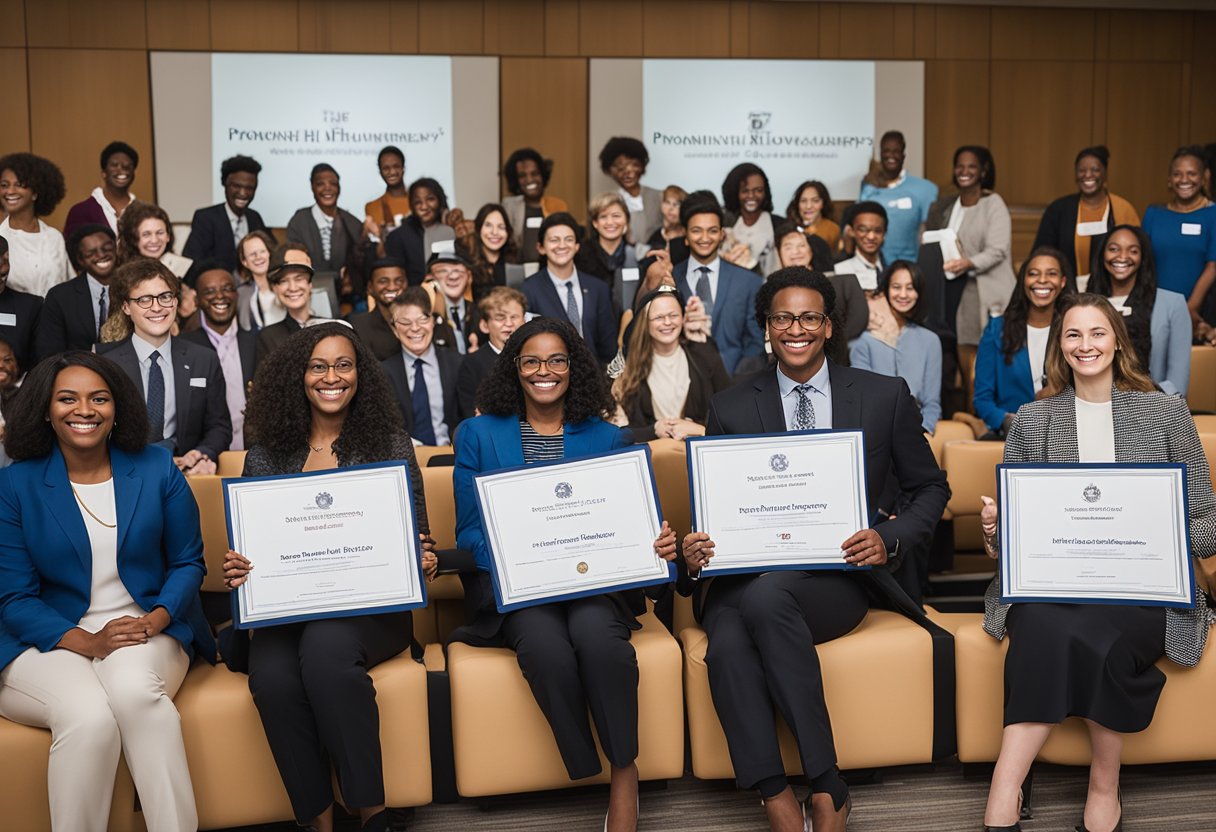 A group of scholars gather, each holding a certificate with the words "Hubert H. Humphrey Fellowship scholarships 2024" prominently displayed. The room is filled with excitement and anticipation for the opportunities ahead