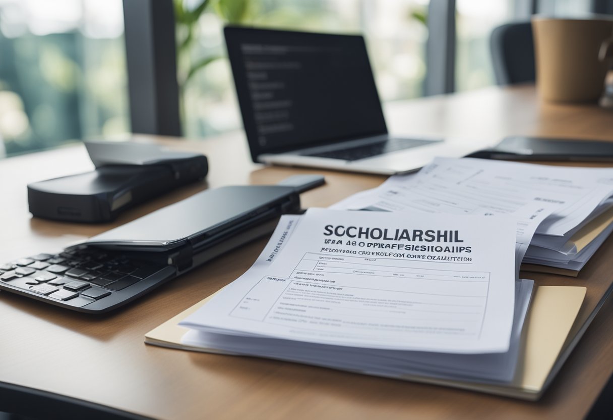 A table with a stack of application forms, a laptop displaying the scholarship website, and a bulletin board with eligibility criteria posted