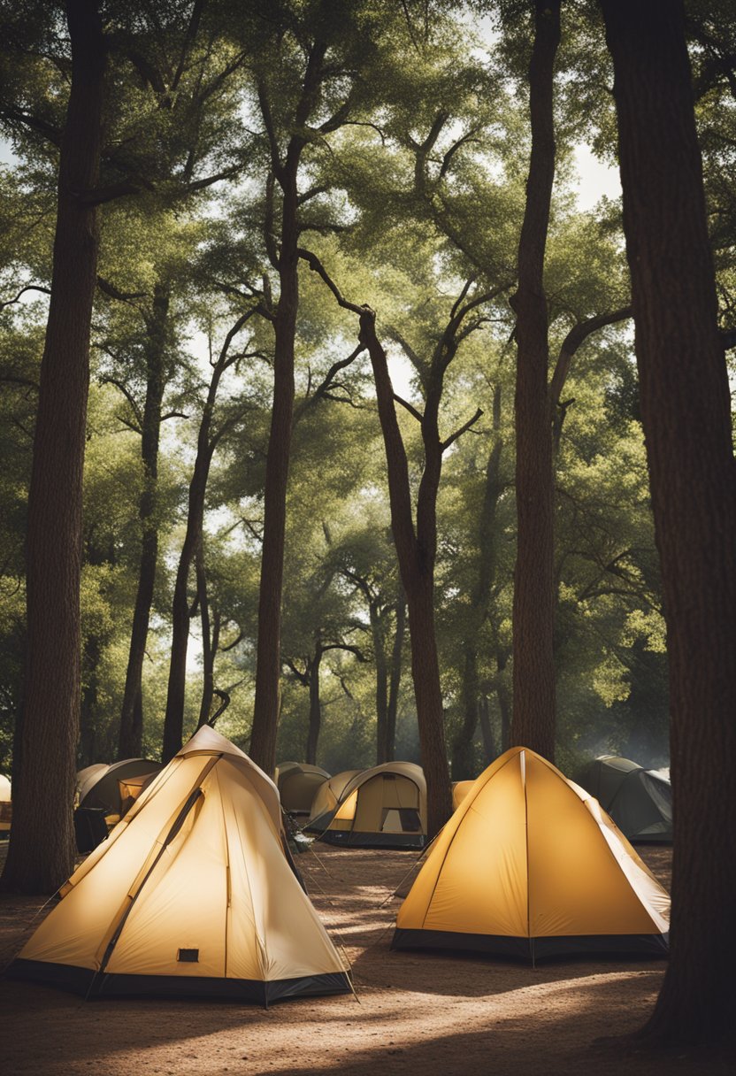 Camp Fimfo Waco: tents pitched in Waco Park, campfire crackling, trees swaying in the breeze, stars twinkling above