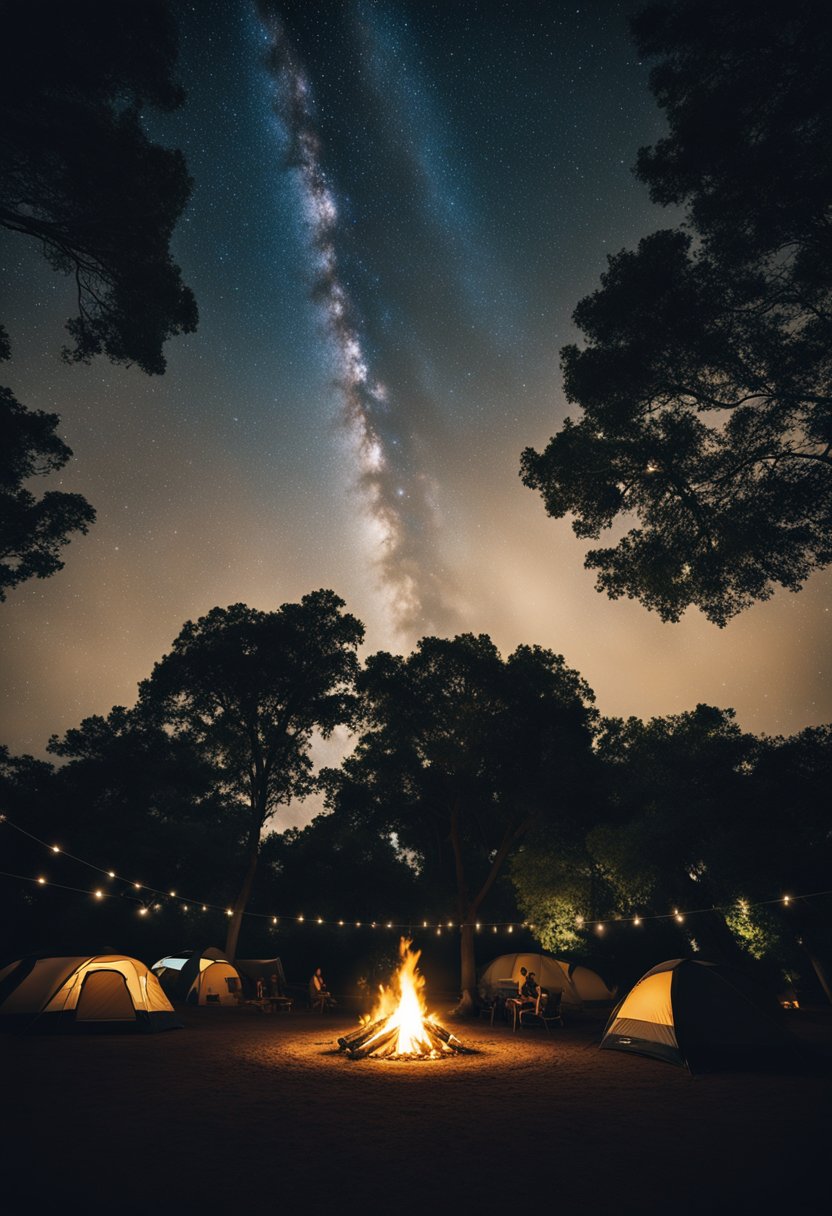 A serene campsite at Cameron Park in Waco, with a glowing campfire and towering trees under a starry night sky