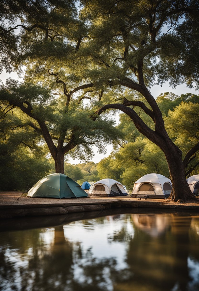 A peaceful campsite at Brazos Park East in Waco, with tents pitched under tall trees and a calm river flowing nearby