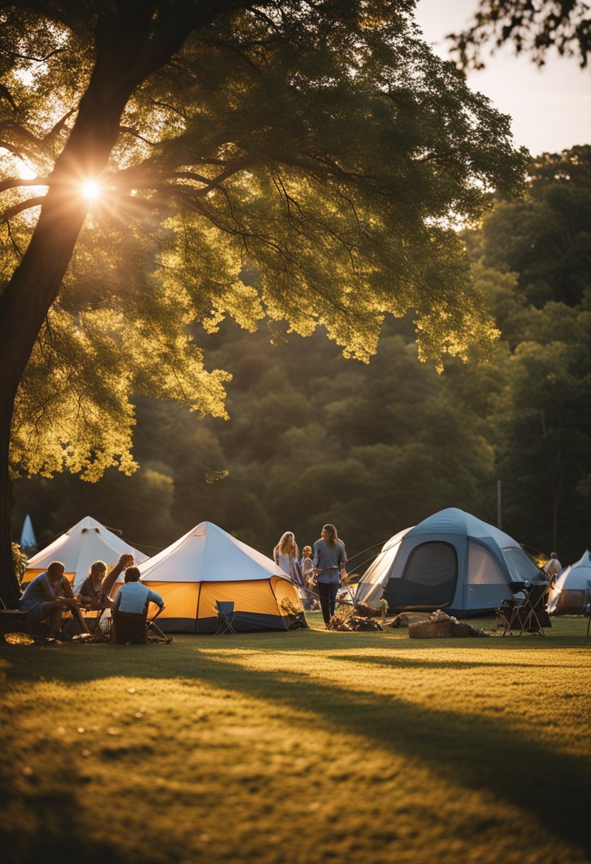 Sunset over Speegleville Park, with campfires and tents nestled among the trees, and families enjoying the serene surroundings