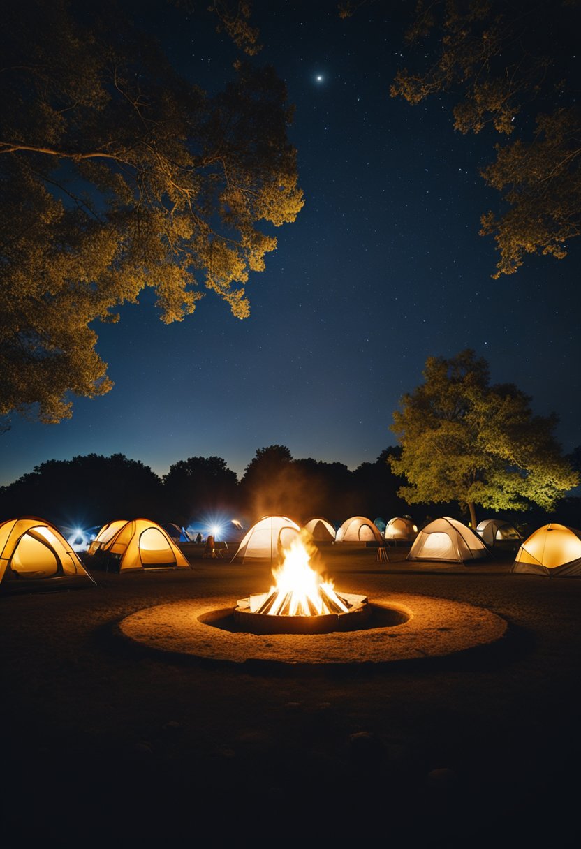 A cozy campfire glows at the center of a circle of tents under the stars