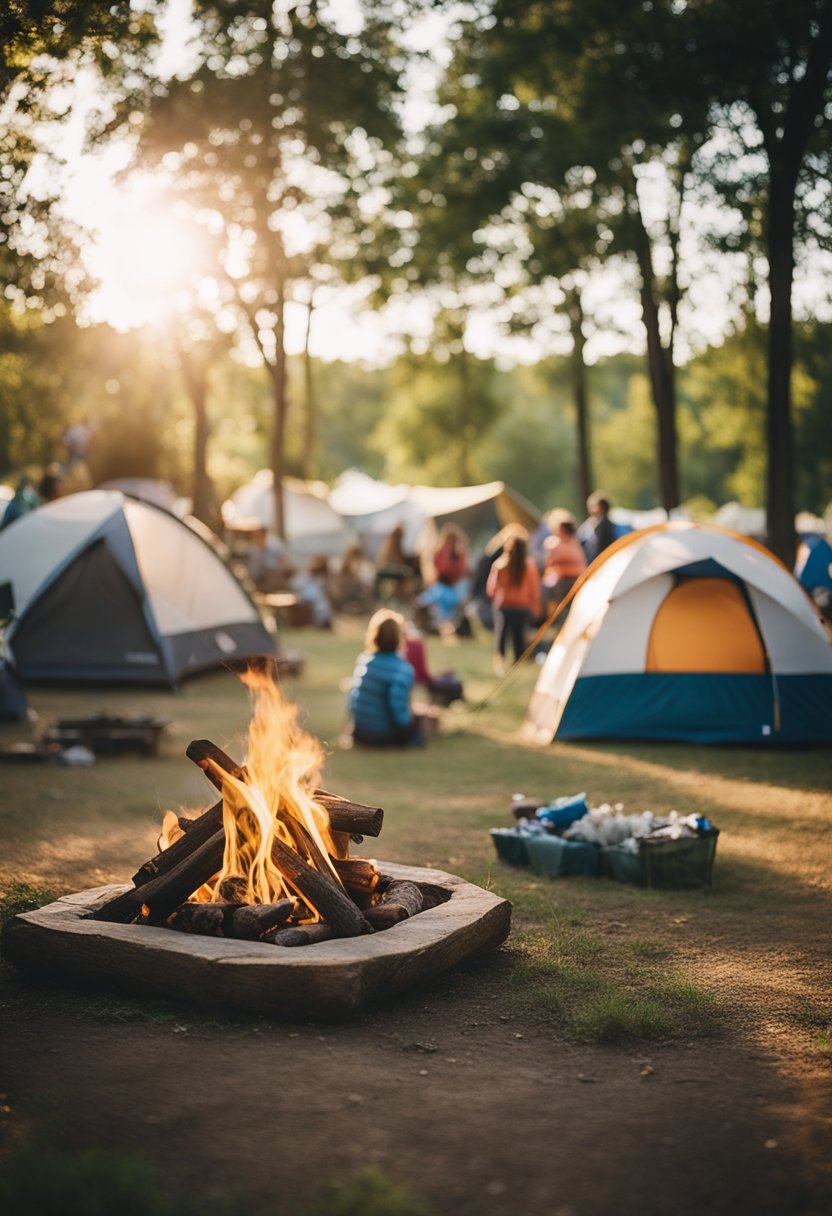 A bustling campsite with tents pitched, campfires burning, and families enjoying the local amenities and supplies