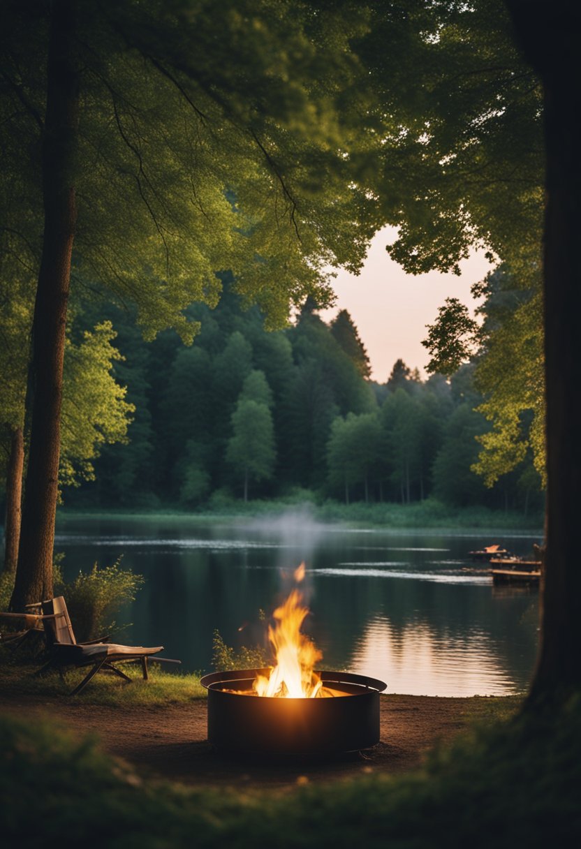 A cozy campfire glows in the center of a lush green park. Tents are pitched under the stars, surrounded by towering trees and a tranquil river