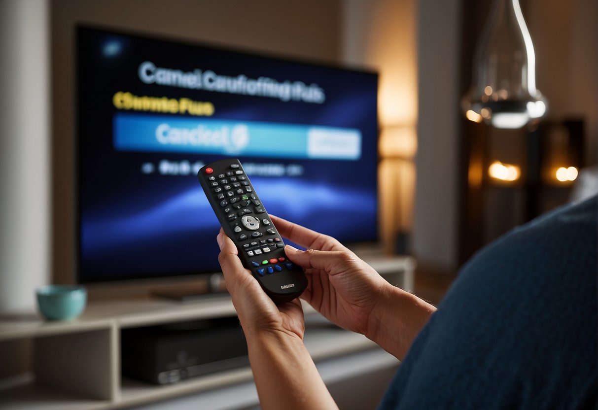 A hand reaching for a remote, pressing the "cancel" button on a Paramount Plus subscription screen, with a confirmation message appearing on the TV