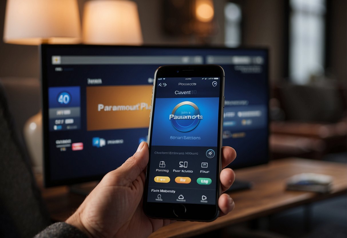 A hand reaching for a remote, pressing the "Cancel Subscription" button on the Paramount Plus app, with a confirmation message popping up on the screen