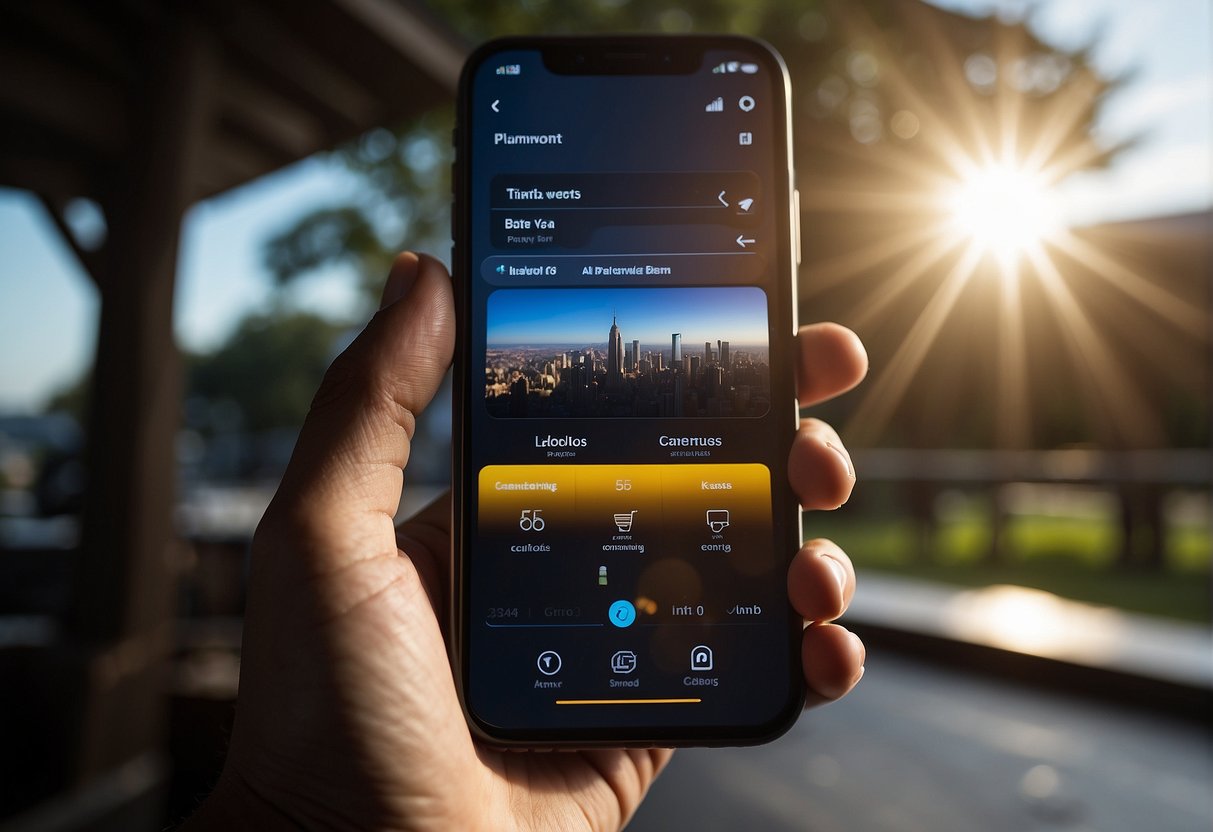 A hand reaches for a smartphone, tapping the "Account" tab. The screen displays options to manage settings, including canceling Paramount Plus subscription