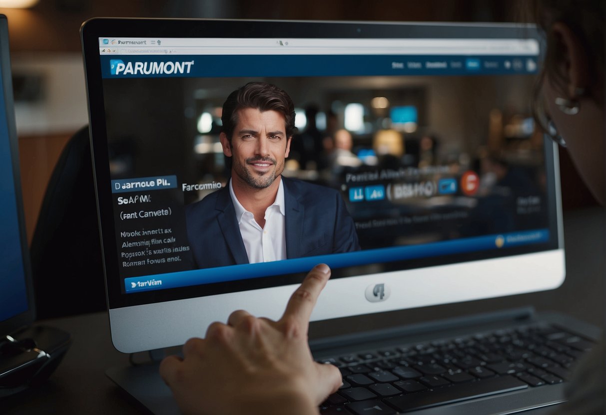 A person pressing the "cancel subscription" button on a computer screen with the Paramount Plus logo displayed. An error message pops up, indicating common issues with canceling the subscription