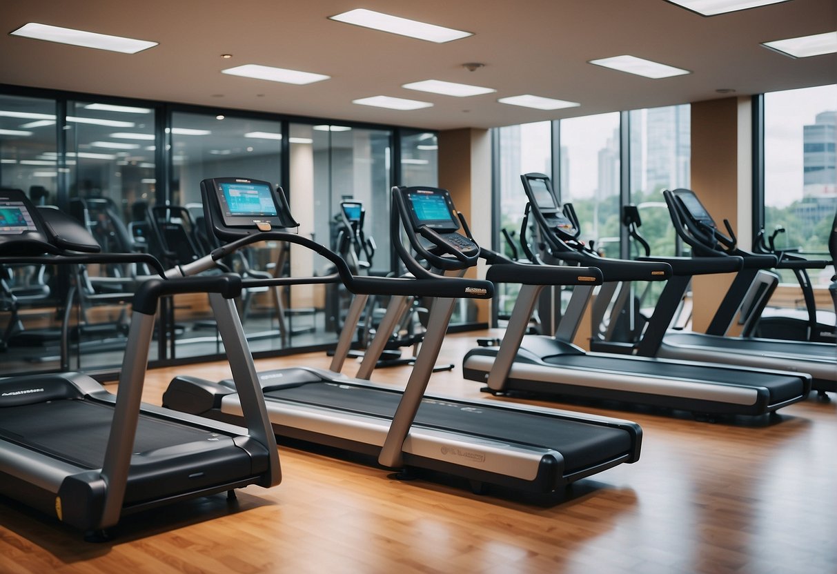 Bright gym with rows of best ellipticals, people exercising, colorful display screens, and modern design