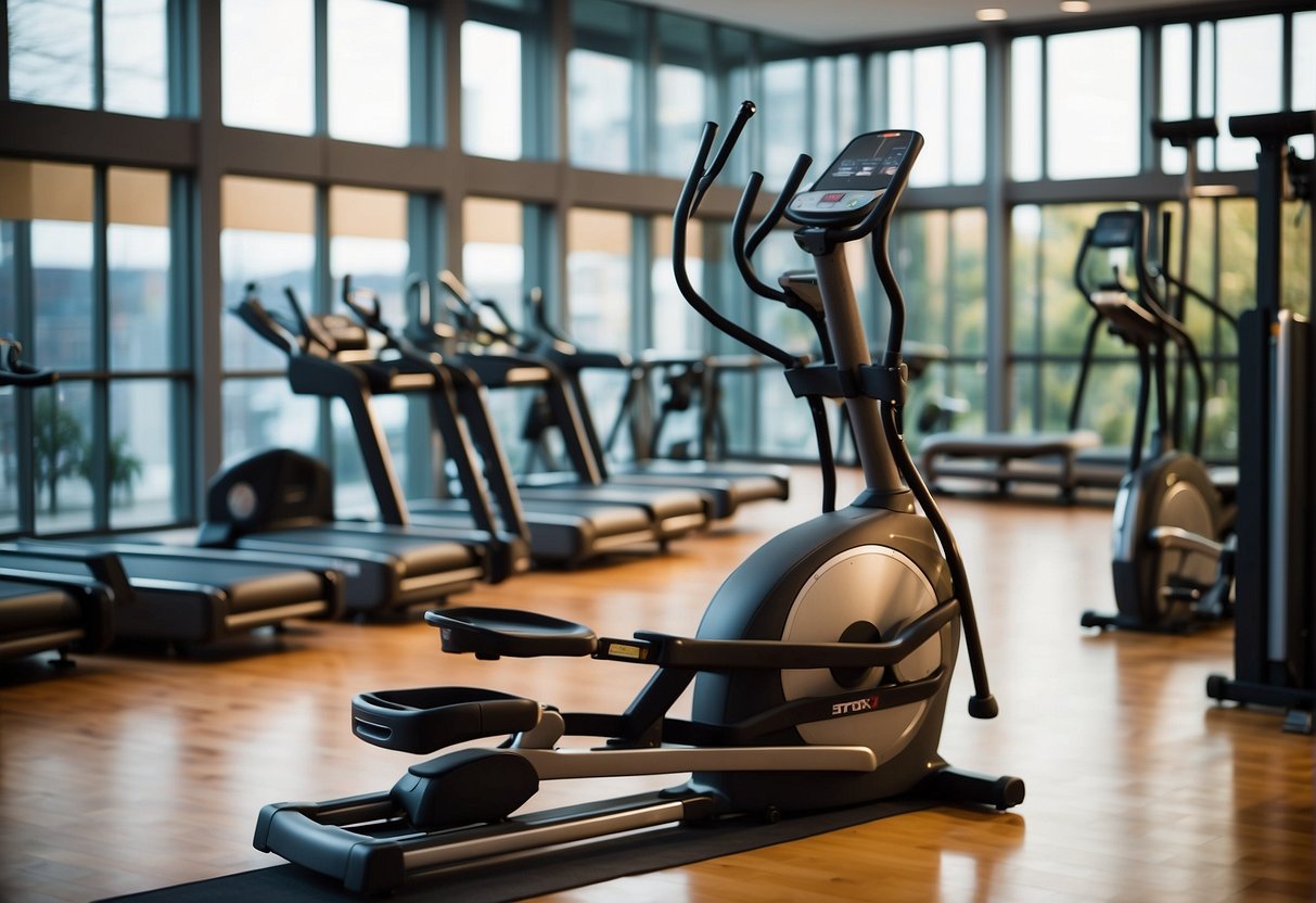 An elliptical machine stands in a well-lit gym, surrounded by sleek, modern exercise equipment. Its digital display glows with various workout programs, while its smooth, ergonomic handles and pedals invite users to step on and start moving
