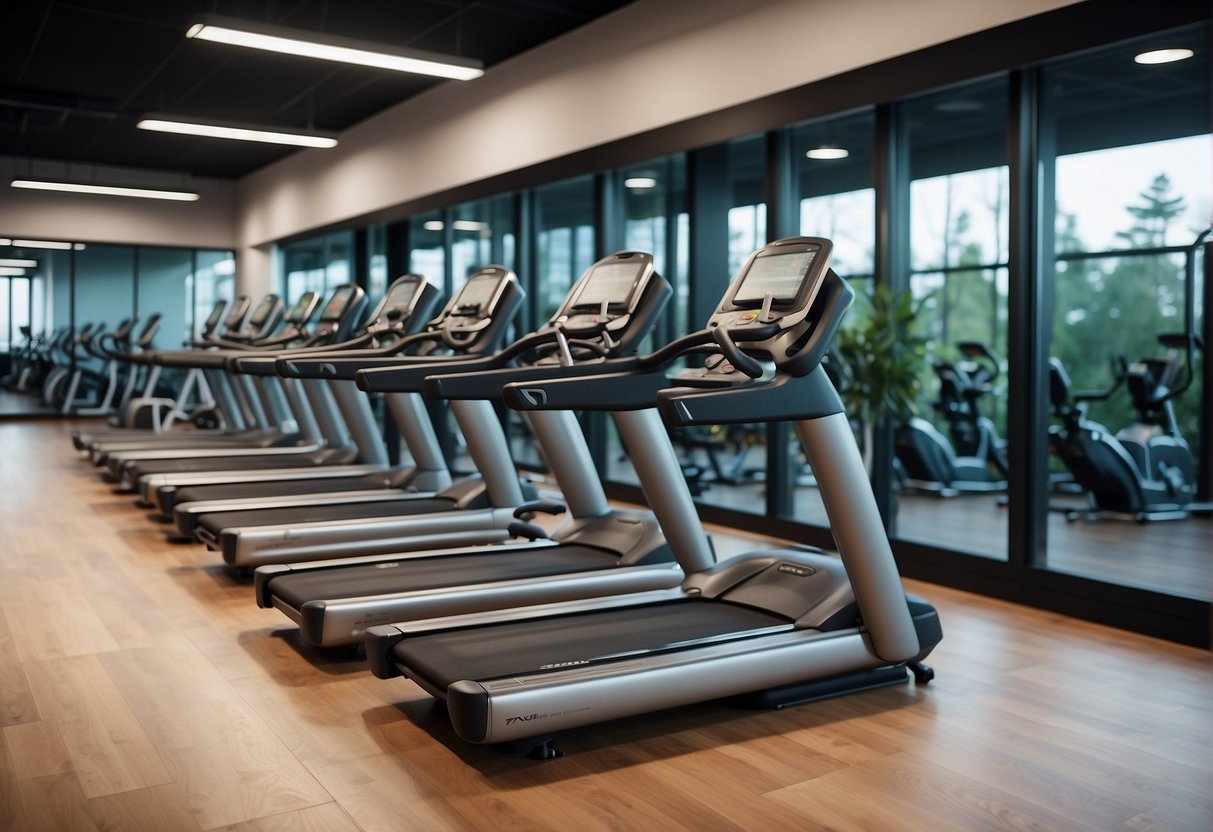 A spacious, well-lit gym with rows of sleek, modern elliptical machines. Mirrored walls reflect the equipment, creating a sense of space and energy