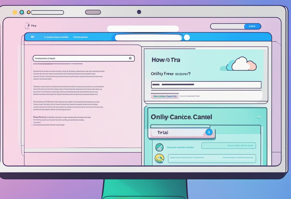 A computer screen with a browser open to the OnlyFans website, showing the FAQ page with the question "how to cancel OnlyFans free trial subscription" highlighted