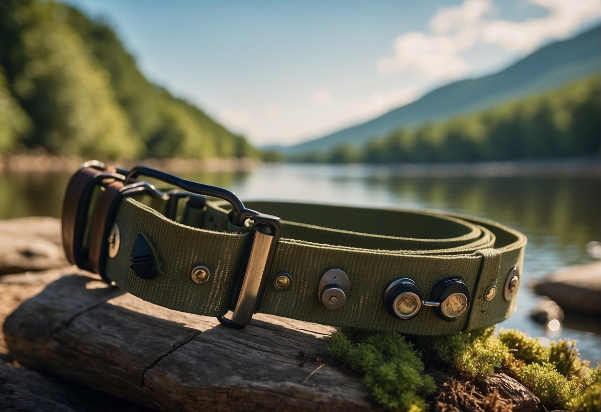 A fishing belt with attached tools and accessories, surrounded by a tranquil riverbank with lush vegetation and wildlife