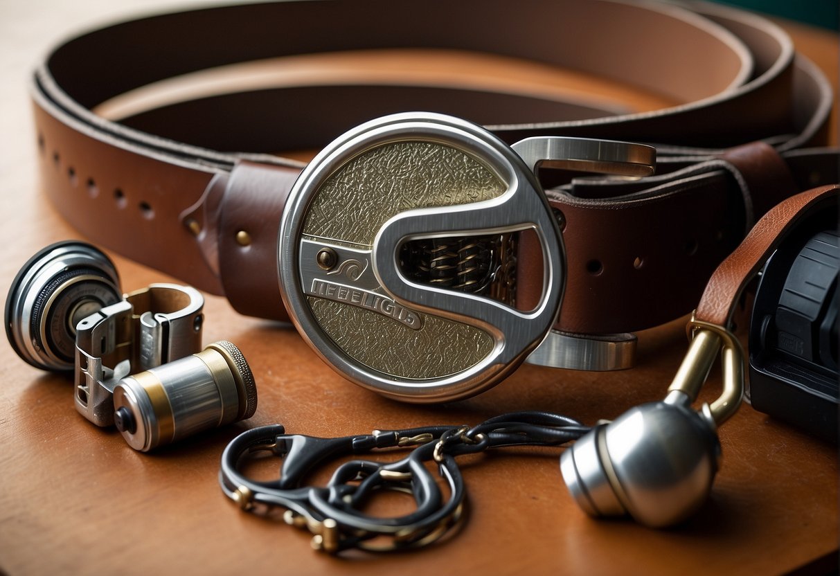 A belt with integrated fishing equipment, including a rod, reel, and tackle box, hanging from a sturdy leather strap