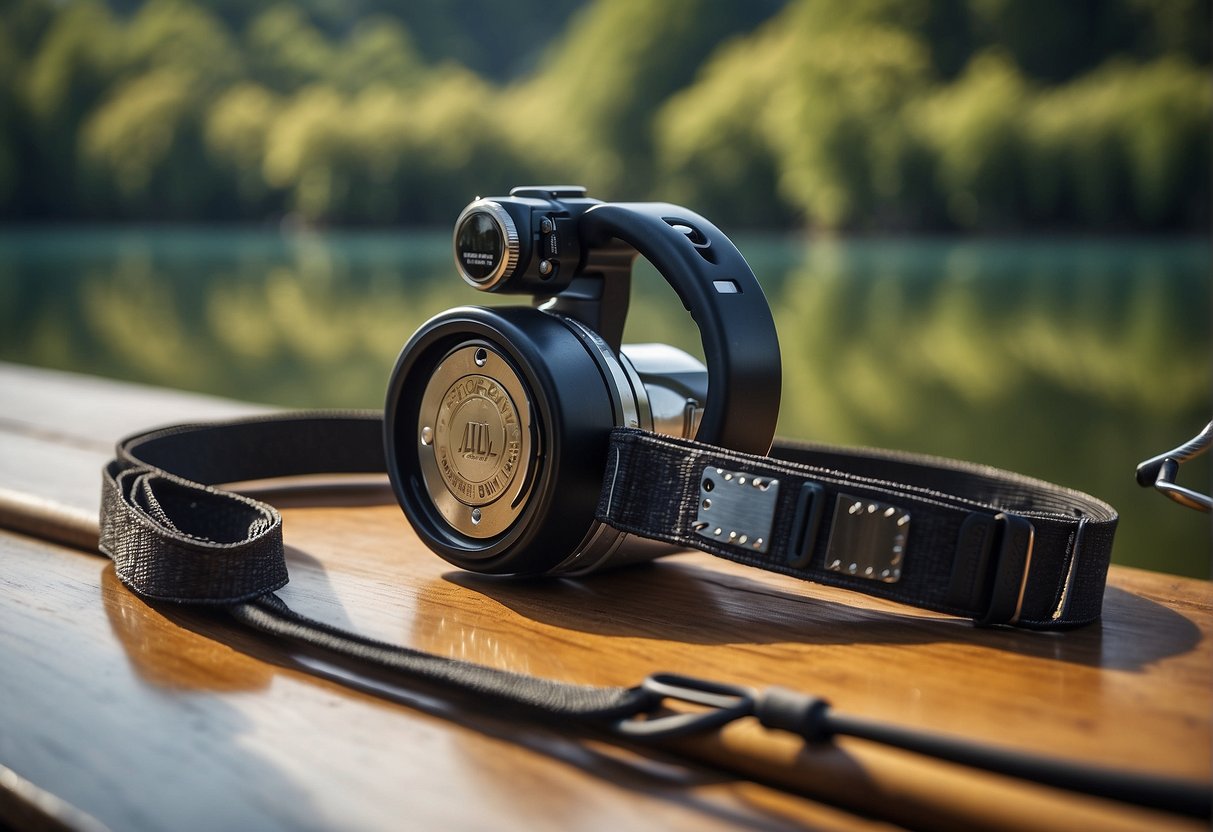 A belt with adjustable straps and cushioned support, attached to a fishing rod, is being tested for comfort and functionality by a person