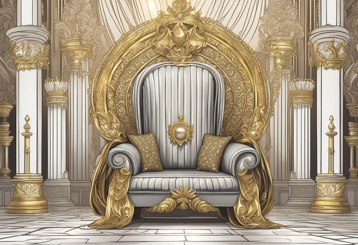 A golden crown sits atop a regal throne, surrounded by jewels and draped in luxurious fabrics