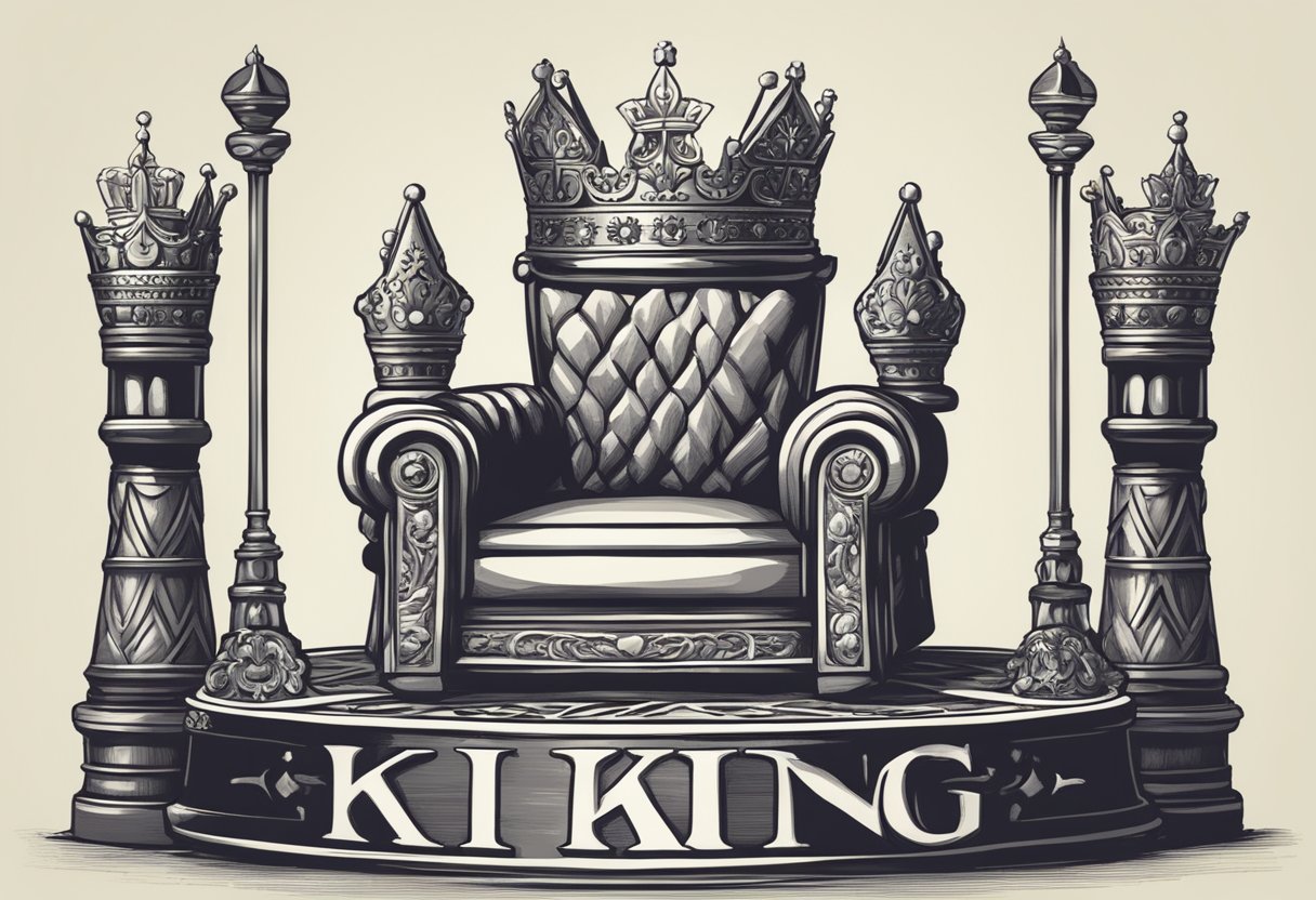 A regal crown sits atop a throne, surrounded by symbols of power and authority. The name "King" is written in bold, elegant lettering