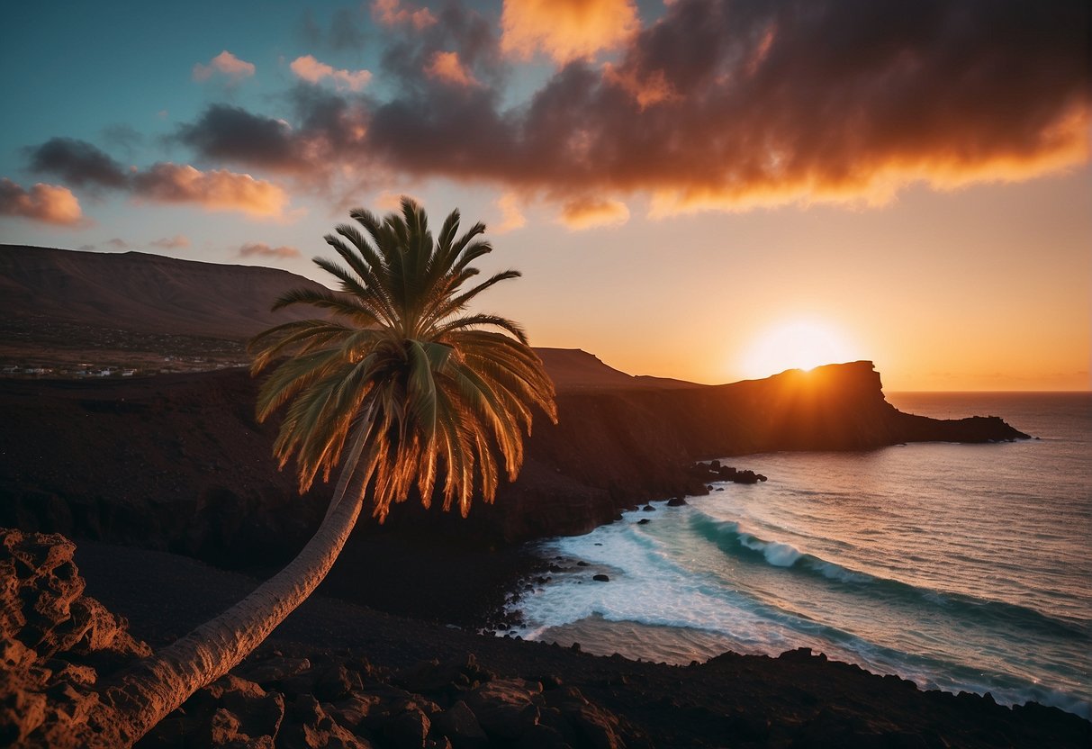 Discover Lanzarote in a day: Volcanic landscapes, dramatic cliffs, and turquoise waters. A lone palm tree stands against the backdrop of a fiery sunset