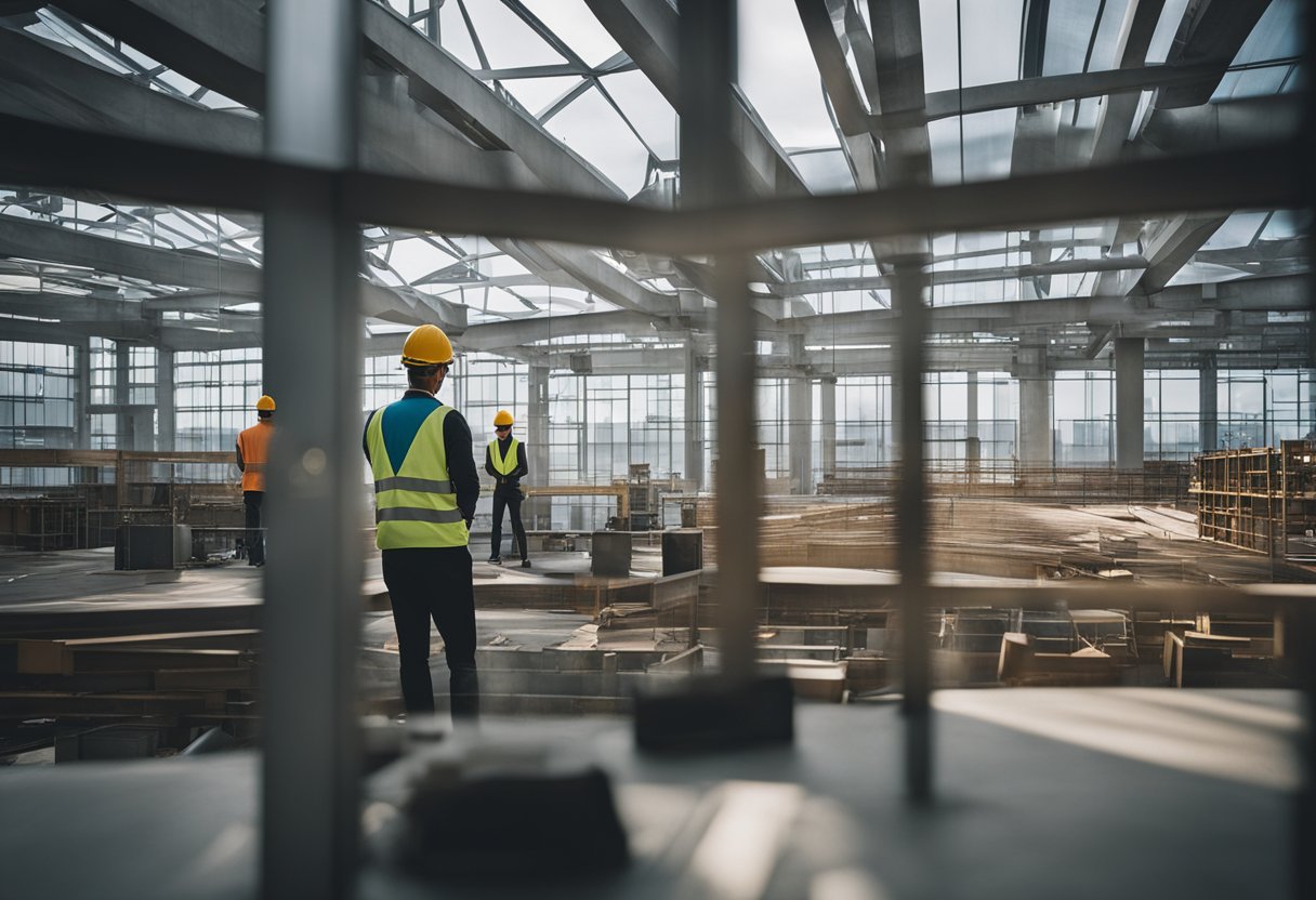 A modern building under construction with a sleek design and workers using innovative tools and techniques