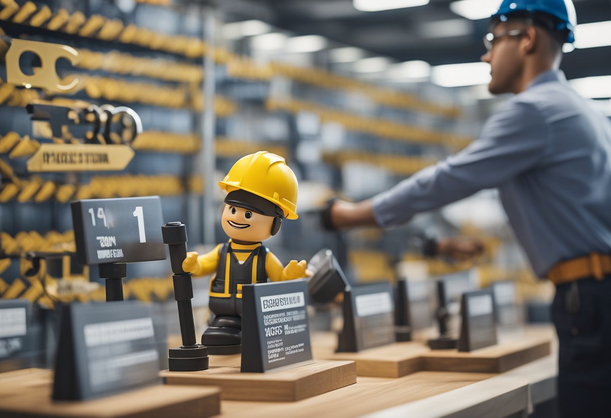 A construction worker renovates an award display, surrounded by FAQ signs