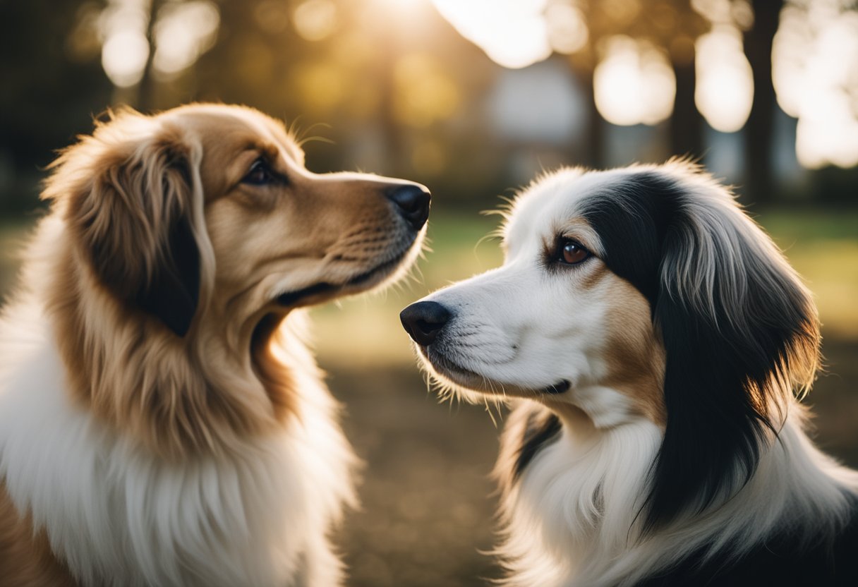 A long-haired dog and a short-haired dog face off, their fur contrasting in length and texture