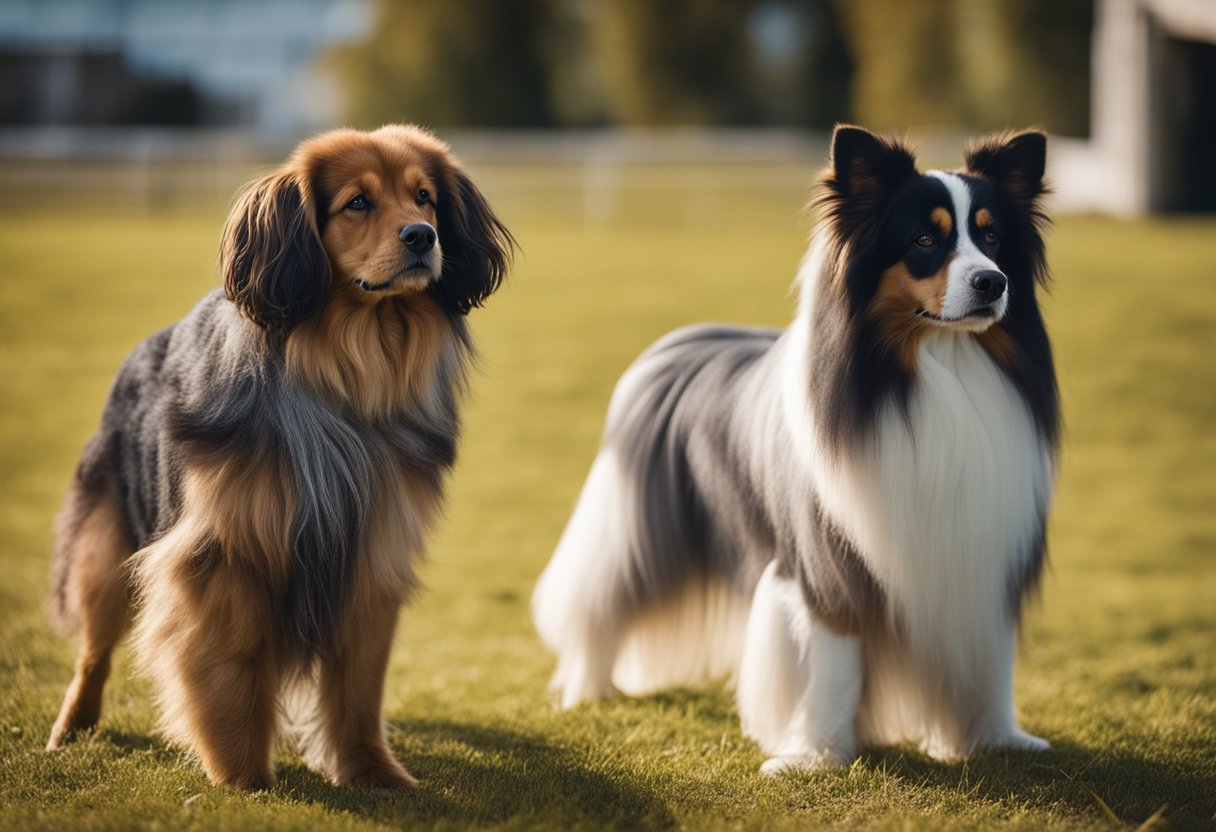 A long-haired dog stands next to a short-haired dog. Their coats differ in length and texture, highlighting the contrast between the two breeds