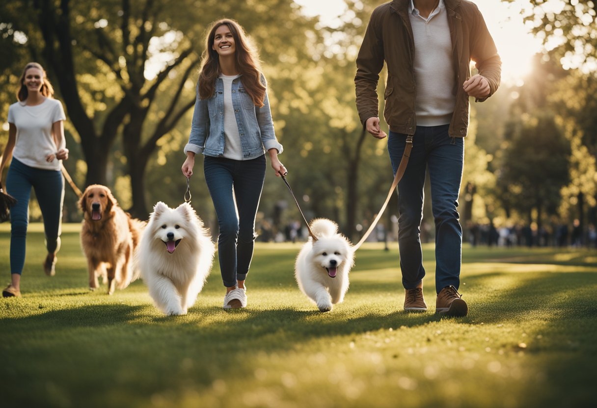 A family walks a long-haired dog in a park, while another family with a short-haired dog jogs nearby