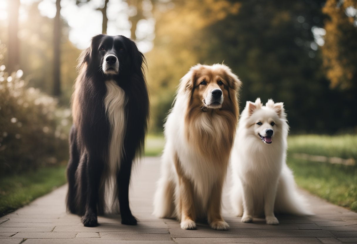 A long-haired dog and a short-haired dog stand side by side, showcasing the contrast in their fur textures