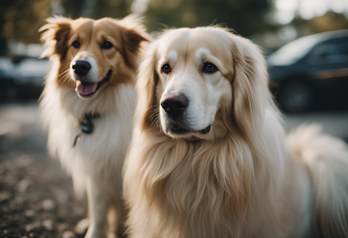 A long-haired dog and a short-haired dog stand side by side, showcasing their contrasting fur textures