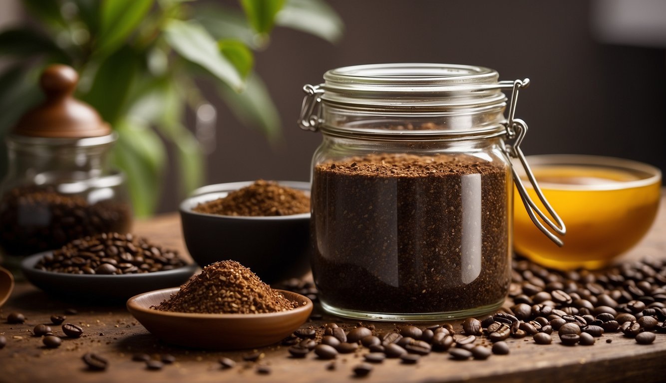 Coffee grounds scattered on a table, mixed with oils and used as a natural exfoliant. A jar of homemade coffee scrub sits nearby