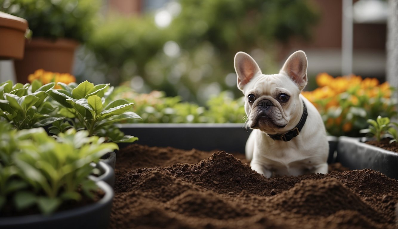 Coffee grounds spread around potted plants and garden beds. A pet sniffs and plays with the grounds