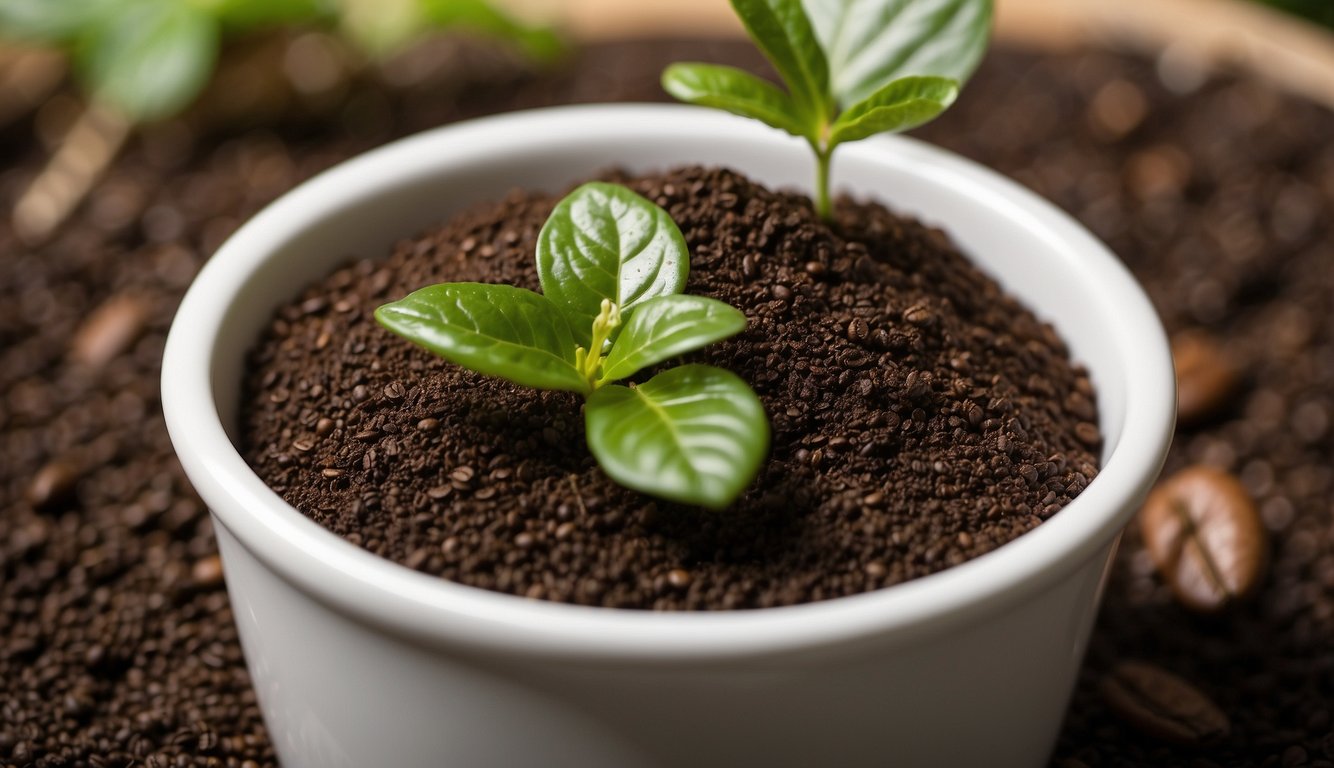 Coffee grounds spread over garden soil, used as natural fertilizer. A potted plant thriving from the nutrient-rich coffee grounds
