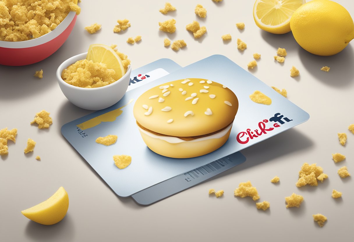 A Chick-fil-A gift card lies on a table, with the Chick-fil-A logo prominently displayed. The card is surrounded by a few scattered crumbs and a half-empty cup of lemonade