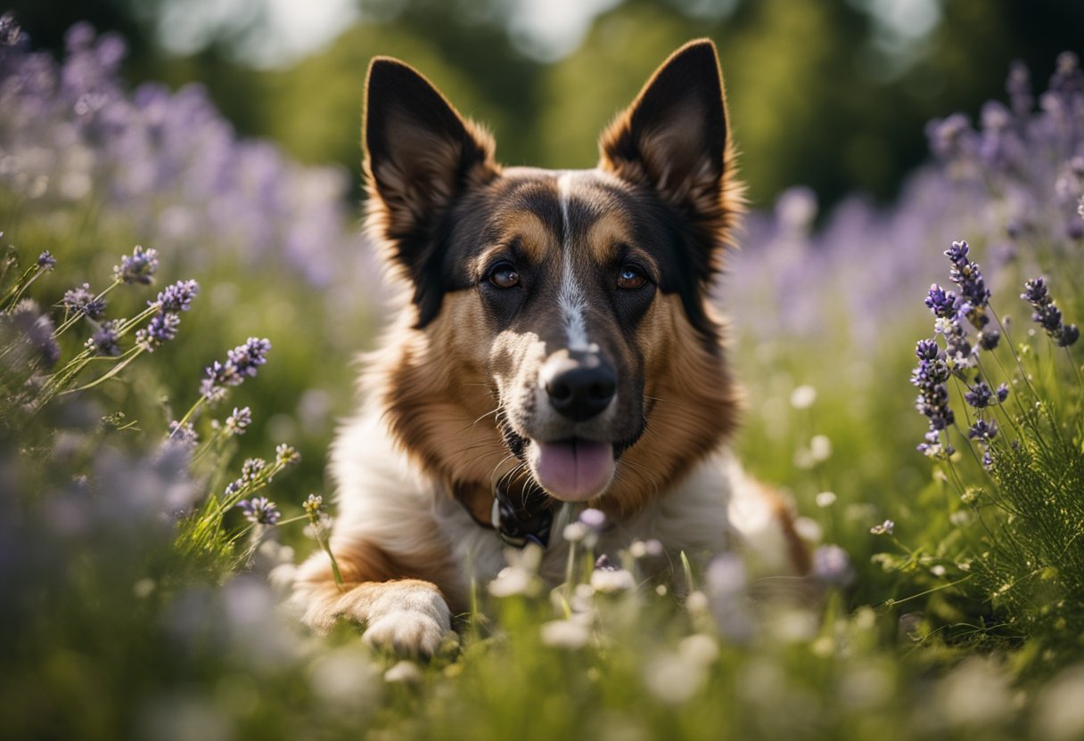 A dog lying on a grassy field surrounded by blooming flowers and herbs. A gentle breeze carries the scent of lavender and chamomile