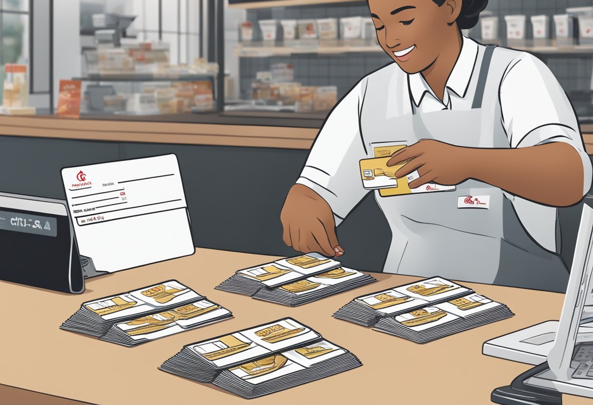 A stack of Chick-fil-A gift cards arranged neatly on a counter, with a customer service representative assisting a customer with checking their balance