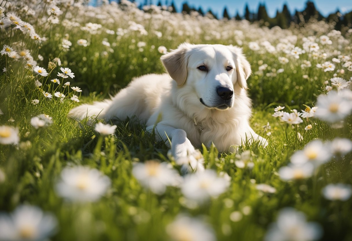 A dog lying on a grassy field, surrounded by blooming flowers and a clear blue sky. Its eyes are closed, and it looks peaceful and content