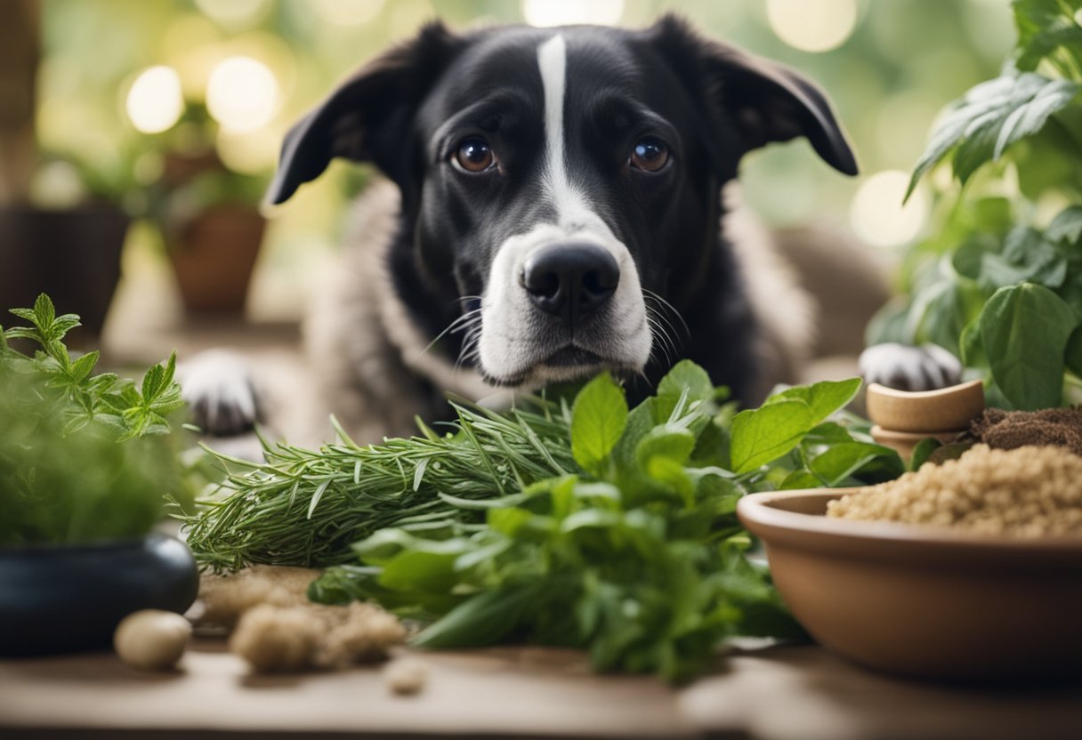 A dog sniffing a pile of natural remedies like herbs and plants, with sneezing and itching symptoms in the background