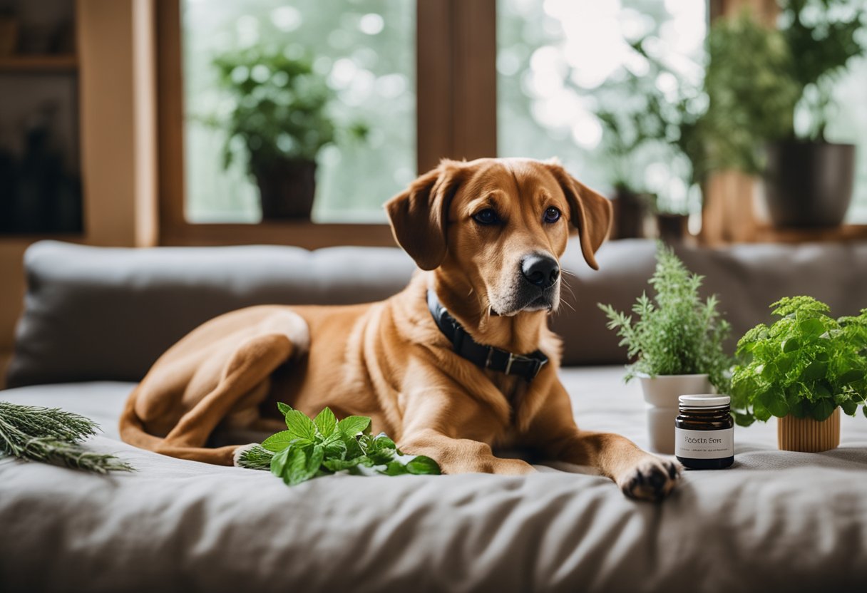 A dog lying on a cozy bed, surrounded by various natural remedies such as herbs, essential oils, and soothing balms. The dog looks relaxed and content, indicating relief from allergies