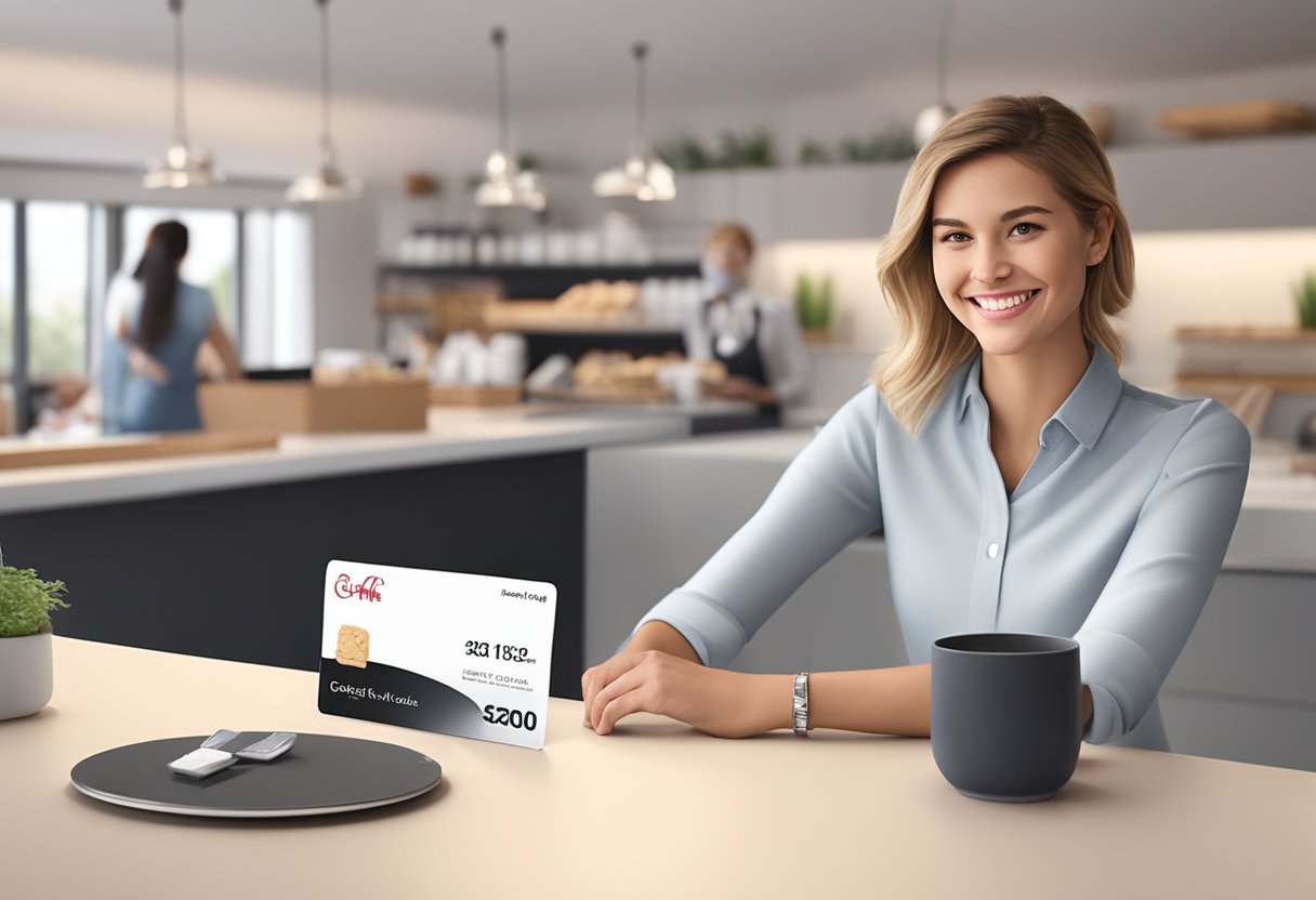 A Chick-fil-A gift card resting on a sleek, modern countertop, with a customer service representative smiling in the background