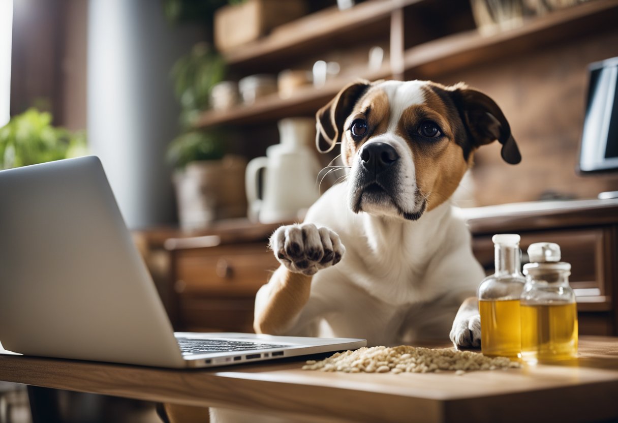 A dog scratching furiously, surrounded by various natural remedies like coconut oil and oatmeal, while a concerned owner looks up "dog allergies" on a laptop